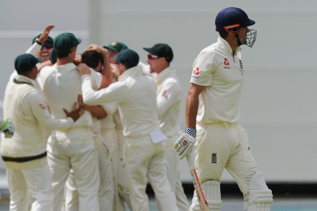 England's Alastair Cook leaves the ground after he was dismissed on day four of the third Ashes cricket Test match between Australia and England in Perth on December 17, 2017. / AFP PHOTO / Greg Wood / IMAGE RESTRICTED TO EDITORIAL USE - STRICTLY NO COMMERCIAL USE (Photo credit should read GREG WOOD/AFP/Getty Images)