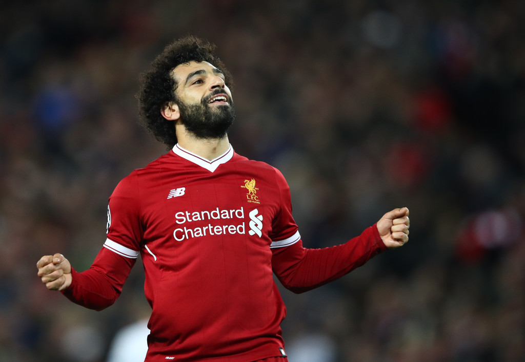 LIVERPOOL, ENGLAND - DECEMBER 06: Mohamed Salah of Liverpool celebrates after scoring his sides sixth goal during the UEFA Champions League group E match between Liverpool FC and Spartak Moskva at Anfield on December 6, 2017 in Liverpool, United Kingdom. (Photo by Clive Brunskill/Getty Images)