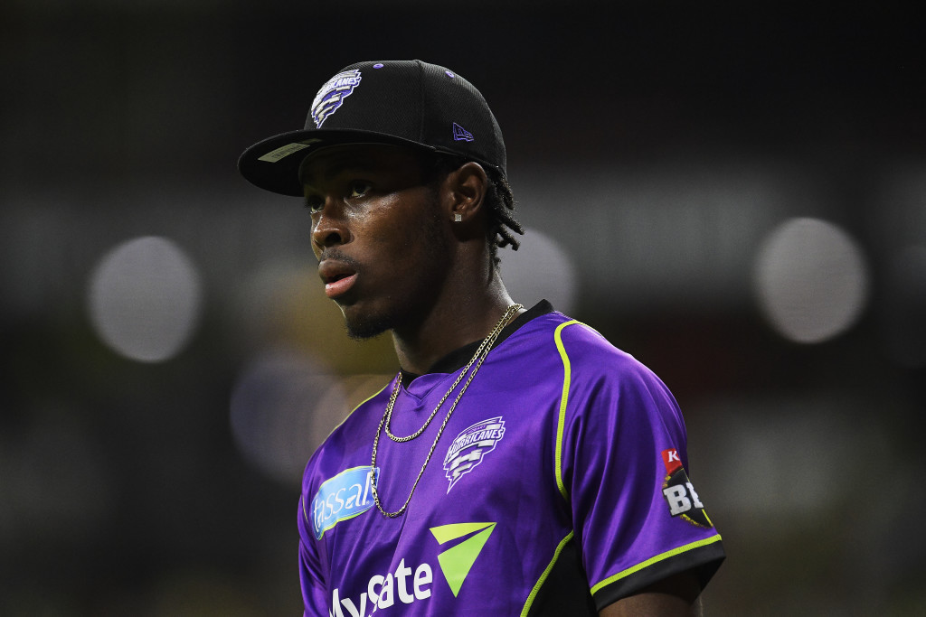 SYDNEY, AUSTRALIA - JANUARY 01: Jofra Archer of the Hurricanes looks on during the Big Bash League match between the Sydney Thunder and the Hobart Hurricanes at Spotless Stadium on January 1, 2018 in Sydney, Australia. (Photo by Brett Hemmings/Getty Images)