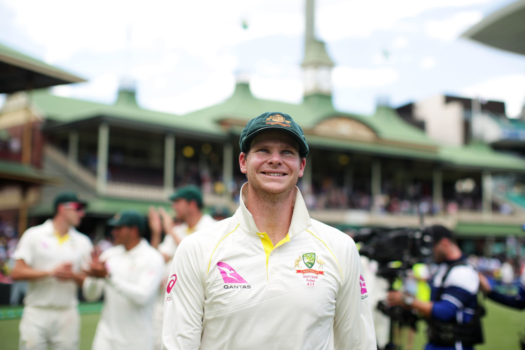 SYDNEY, AUSTRALIA - JANUARY 08: Steve Smith of Australia celebrates victory and winning the Ashes during day five of the Fifth Test match in the 2017/18 Ashes Series between Australia and England at Sydney Cricket Ground on January 8, 2018 in Sydney, Australia. (Photo by Matt King/Getty Images)