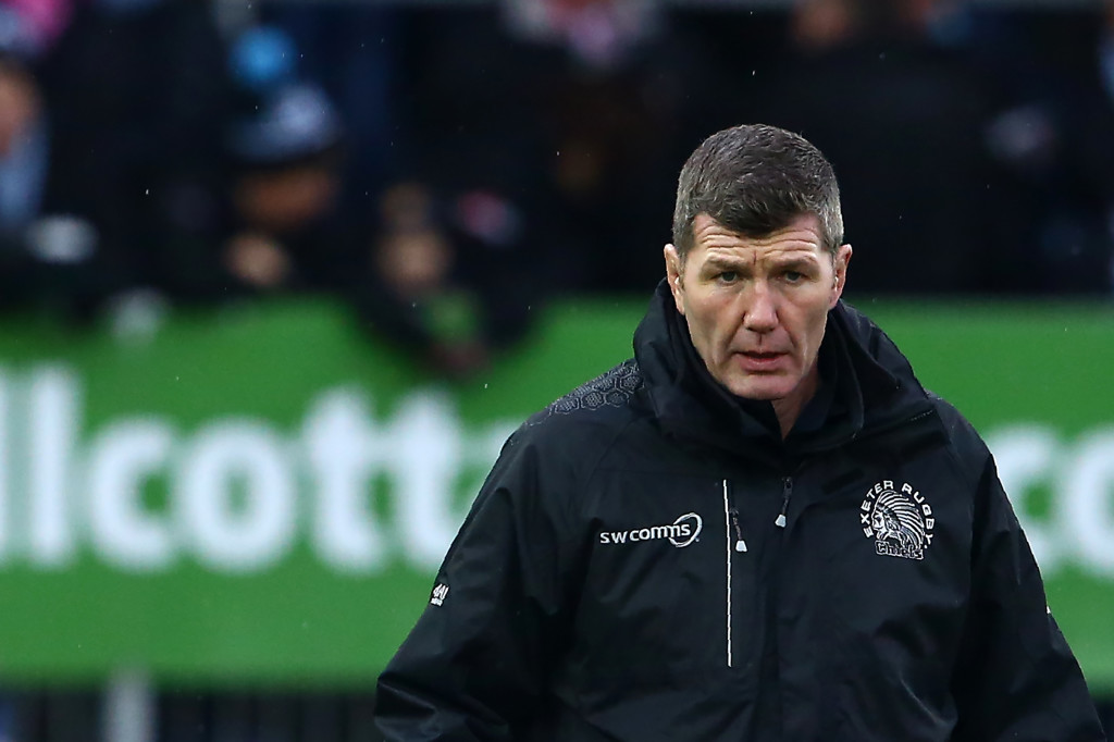 Exeter Chiefs' English head coach Rob Baxter looks on before the European Rugby Champions Cup rugby union match between Exeter Chiefs and Montpellier at Sandy Park Stadium in Exeter, south west England, on January 13, 2018. / AFP PHOTO / GEOFF CADDICK (Photo credit should read GEOFF CADDICK/AFP/Getty Images)