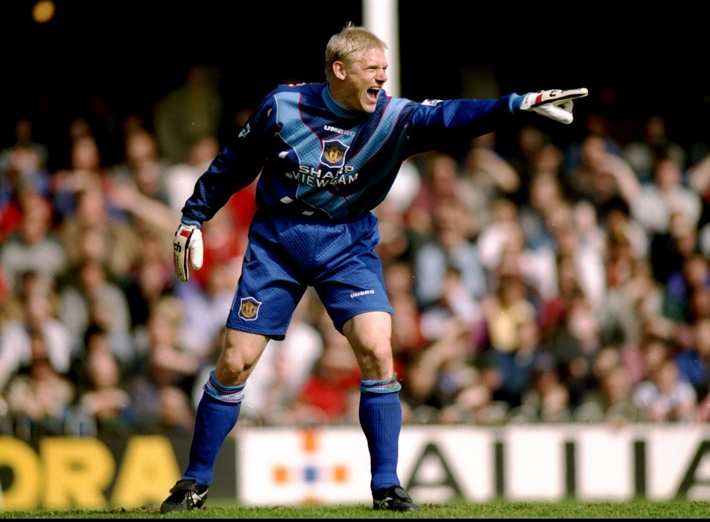 13 Apr 1996:  Manchester United goalkeeper Peter Schmeichel indicates to his team mates during an FA Carling Premiership match against Southampton at The Dell in Southampton, England. Southampton won the match 3-0.  Mandatory Credit: Shaun  Botterill/Allsport