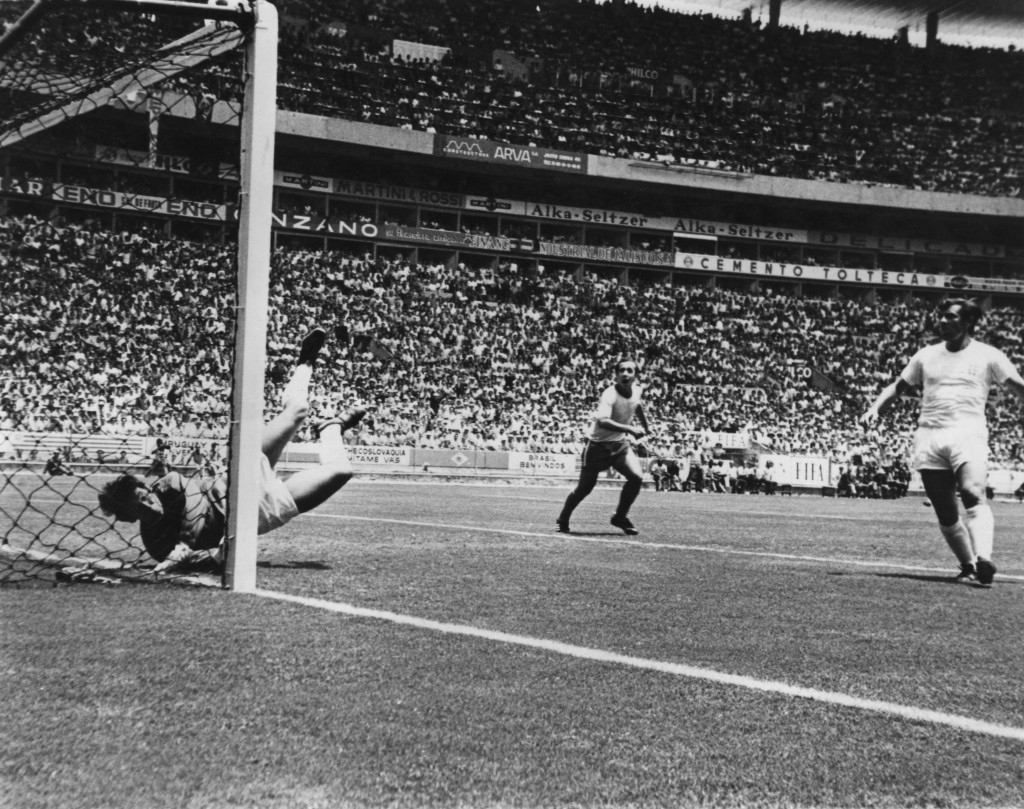 England goalkeeper Gordon Banks hits the ground after making one of the most famous saves in football history during a 1970 World Cup match in Guadalajara, Mexico. Brazilian star Pele had headed the ball towards the unguarded far post and was already turning to celebrate only for Banks to fling himself across the width of the goal and make a breathtaking, one-handed, fingertip save.   (Photo by Keystone/Getty Images)