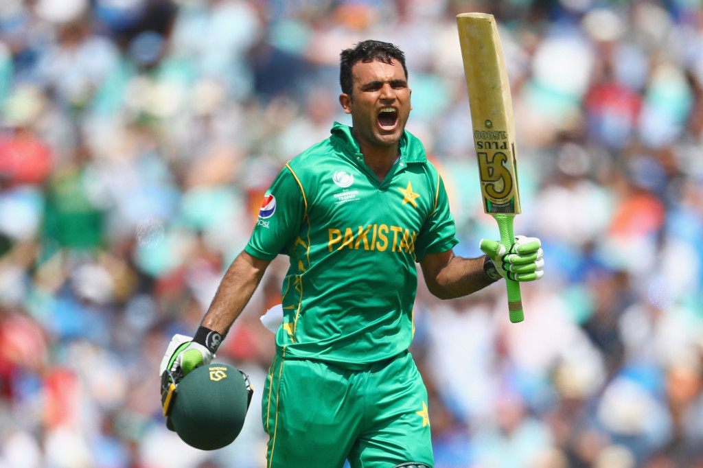 LONDON, ENGLAND - JUNE 18: Fakhar Zaman of Pakistan celebrates his century during the ICC Champions trophy cricket match between India and Pakistan at The Oval in London on June 18, 2017 (Photo by Clive Rose/Getty Images)