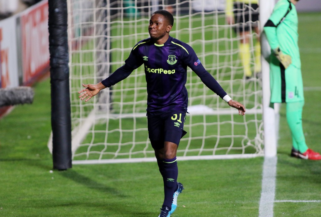 Everton's Ademola Lookman celebrates after scoring during the UEFA Europa League group stage football match between Apollon Limassol and Everton at the GSP stadium in the Cypriot capital Nicosia on December 7, 2017. / AFP PHOTO / Chara Savvides (Photo credit should read CHARA SAVVIDES/AFP/Getty Images)