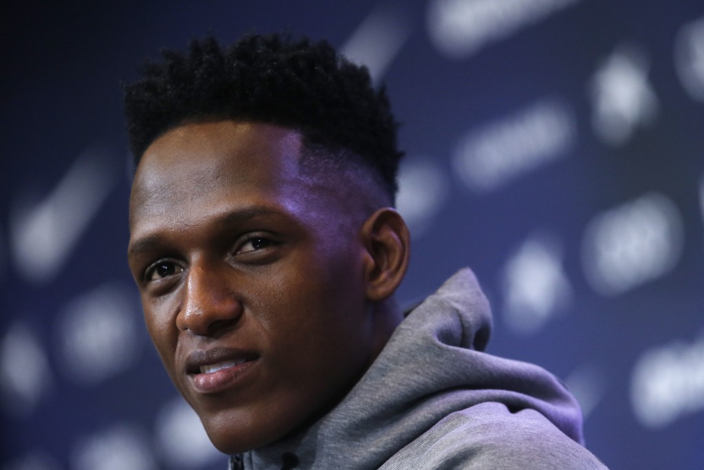 Barcelona's new Colombian defender Yerry Mina holds a press conference in Barcelona on January 13, 2018. / AFP PHOTO / Pau Barrena (Photo credit should read PAU BARRENA/AFP/Getty Images)