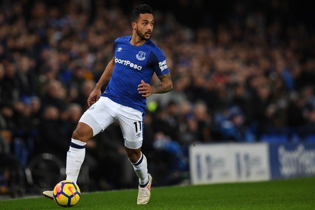 Everton's English striker Theo Walcott runs with the ball during the English Premier League football match between Everton and Leicester City at Goodison Park in Liverpool, north west England on January 31, 2018. / AFP PHOTO / Paul ELLIS / RESTRICTED TO EDITORIAL USE. No use with unauthorized audio, video, data, fixture lists, club/league logos or 'live' services. Online in-match use limited to 75 images, no video emulation. No use in betting, games or single club/league/player publications. / (Photo credit should read PAUL ELLIS/AFP/Getty Images)