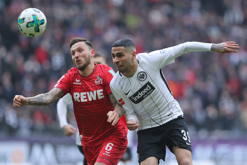 FRANKFURT AM MAIN, GERMANY - FEBRUARY 10: Omar Mascarell of Frankfurt (r) fights for the ball with Marco Hoeger of Koeln during the Bundesliga match between Eintracht Frankfurt and 1. FC Koeln at Commerzbank-Arena on February 10, 2018 in Frankfurt am Main, Germany. (Photo by Simon Hofmann/Bongarts/Getty Images)
