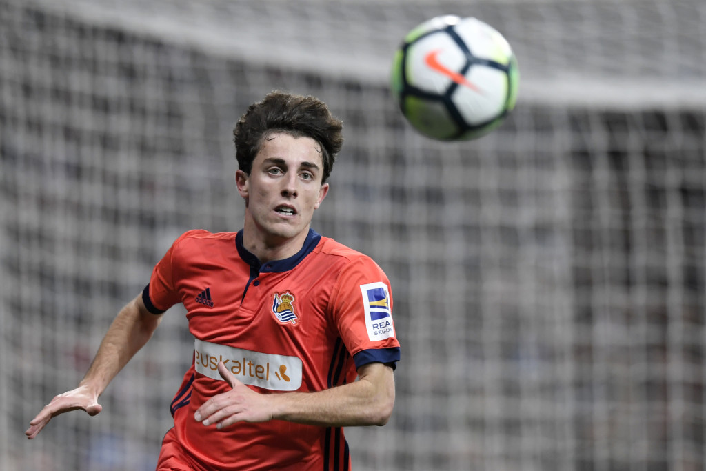 Real Sociedad's Spanish defender Alvaro Odriozola eyes the ball during the Spanish league football match between Real Madrid CF and Real Sociedad at the Santiago Bernabeu stadium in Madrid on February 10, 2018. / AFP PHOTO / GABRIEL BOUYS (Photo credit should read GABRIEL BOUYS/AFP/Getty Images)