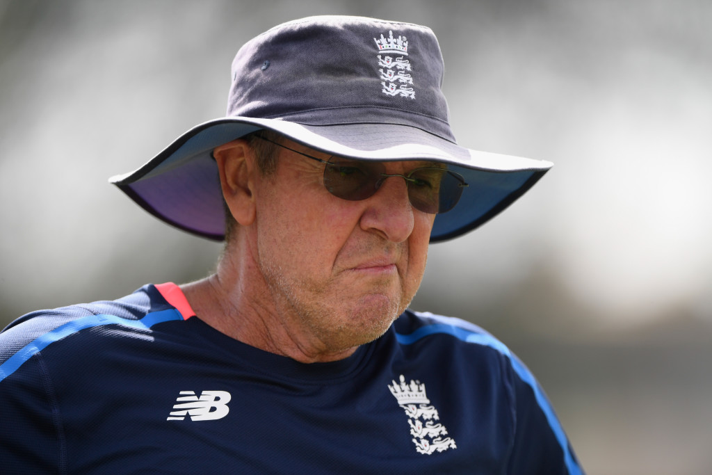 HAMILTON, NEW ZEALAND - FEBRUARY 17: England coach Trevor Bayliss looks on during England Cricket nets at Seddon park ahead of their T2O match against New Zealand Black Caps on February 17, 2018 in Hamilton, New Zealand. (Photo by Stu Forster/Getty Images)