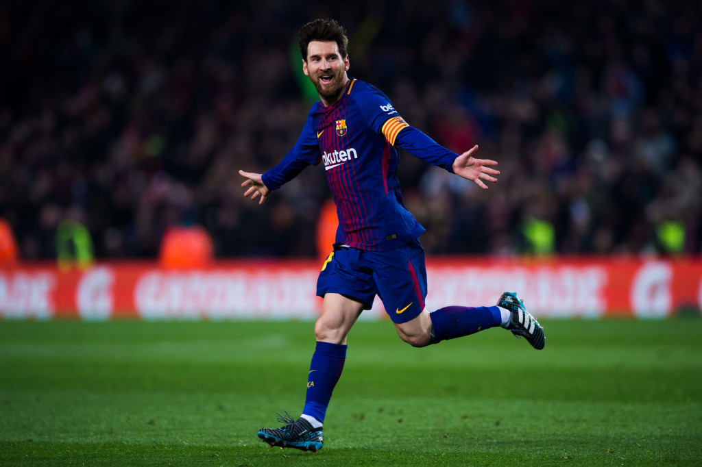 BARCELONA, SPAIN - FEBRUARY 24: Lionel Messi of FC Barcelona celebrates after scoring his team's third goal during the La Liga match between Barcelona and Girona at Camp Nou on February 24, 2018 in Barcelona, Spain. (Photo by Alex Caparros/Getty Images)