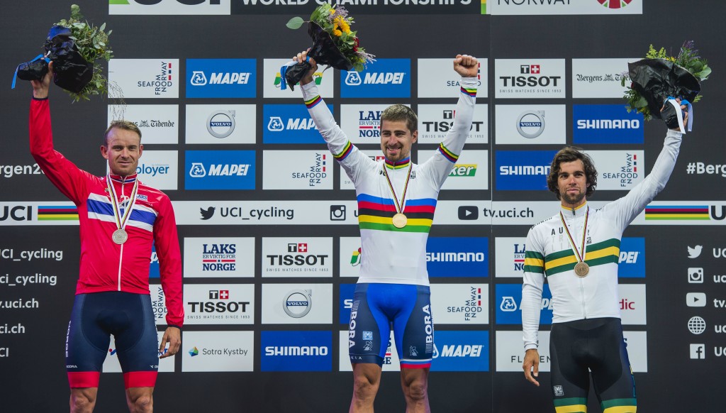 Kristoff (l) finishes second at the UCI Road World Championships to Peter Sagan