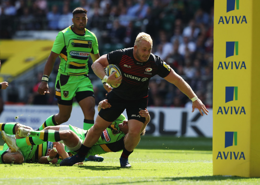 LONDON, ENGLAND - SEPTEMBER 02: Vincent Koch of Saracens lunges to score their seventh try during the Aviva Premiership match between Saracens and Northampton Saints at Twickenham Stadium on September 2, 2017 in London, England. (Photo by David Rogers/Getty Images)