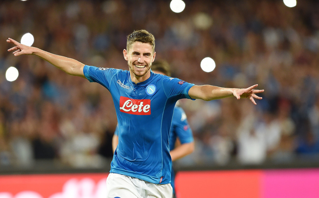 NAPLES, ITALY - AUGUST 16: Jorginho of SSC Napoli celebrates after scoring goal 2-0 during the UEFA Champions League Qualifying Play-Offs Round First Leg match between SSC Napoli and OGC Nice at Stadio San Paolo on August 16, 2017 in Naples, Italy. (Photo by Francesco Pecoraro/Getty Images)