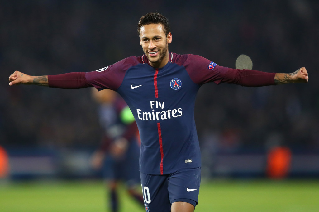 PARIS, FRANCE - OCTOBER 31: Neymar of PSG celebrates after his free kick leads to the goal scored by Layvin Kurzawa of PSG during the UEFA Champions League group B match between Paris Saint-Germain and RSC Anderlecht at Parc des Princes on October 31, 2017 in Paris, France. (Photo by Dean Mouhtaropoulos/Getty Images)