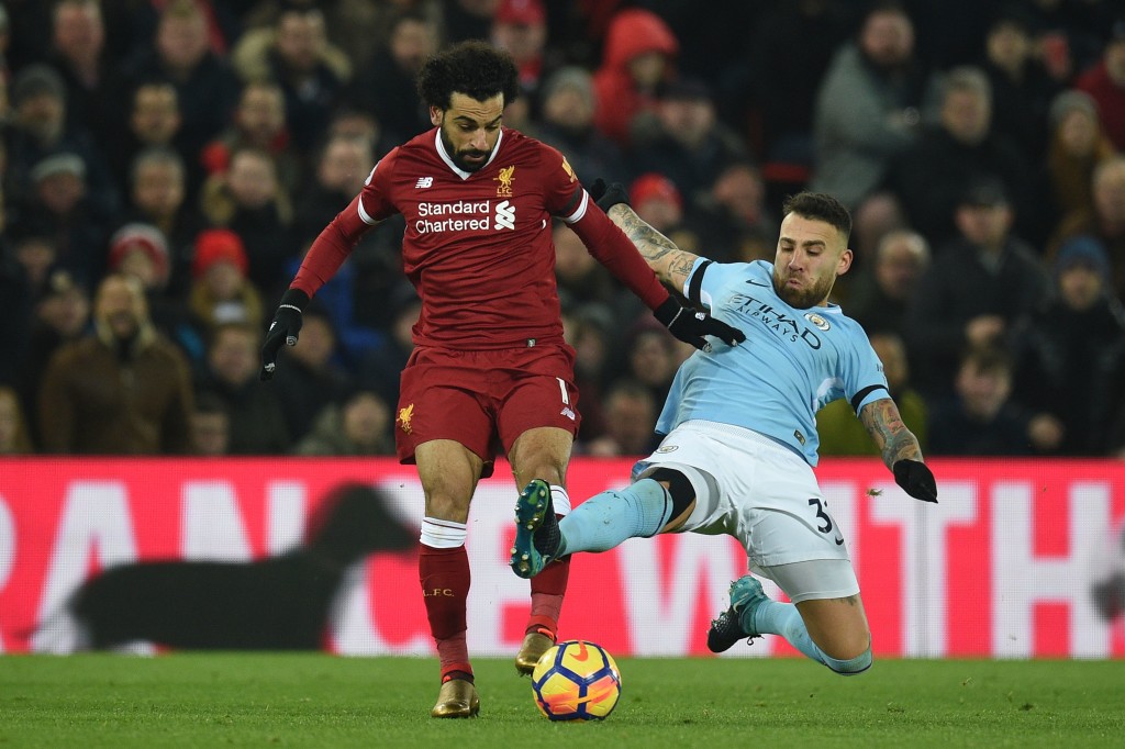 Mohamed Salah in action against Manchester City at Anfield.