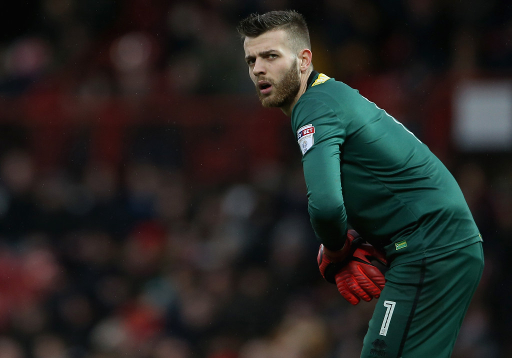 BRENTFORD, ENGLAND - JANUARY 27: Angus Gunn of Norwich City looks on during the Sky Bet Championship match between Brentford and Norwich City at Griffin Park on January 27, 2018 in Brentford, England. (Photo by Harry Murphy/Getty Images)