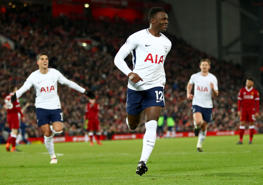 LIVERPOOL, ENGLAND - FEBRUARY 04: Victor Wanyama of Tottenham Hotspur celebrates after scoring his sides first goal during the Premier League match between Liverpool and Tottenham Hotspur at Anfield on February 4, 2018 in Liverpool, England. (Photo by Clive Brunskill/Getty Images)