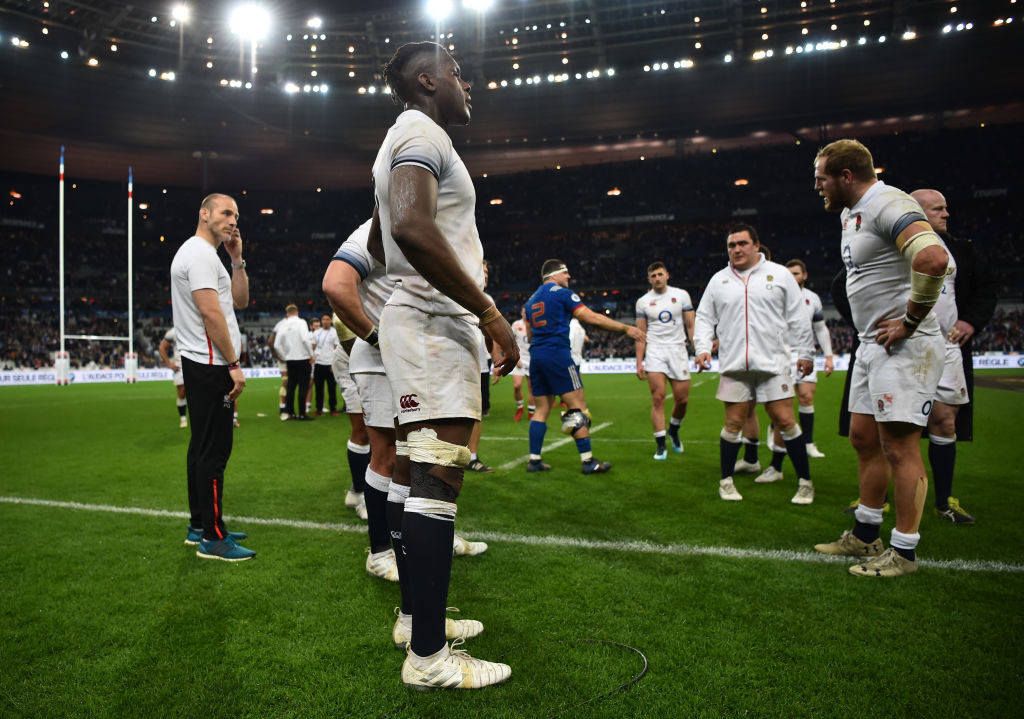 Maro Itoje looks dejected after defeat to France
