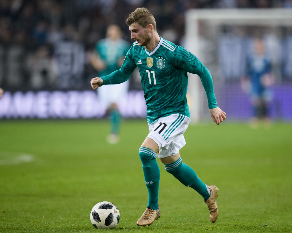 DUESSELDORF, GERMANY - MARCH 23: Timo Werner of Germany controls the ball during the international friendly match between Germany and Spain at Esprit-Arena on March 23, 2018 in Duesseldorf, Germany. (Photo by Matthias Hangst/Bongarts/Getty Images)