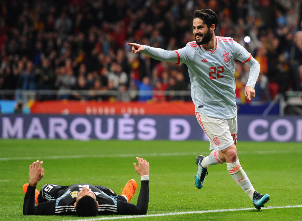 MADRID, SPAIN - MARCH 27: Isco of Spain celebrates after scoring his sides third goal during the International Friendly between Spain and Argentina at Wanda Metropolitano on March 27, 2018 in Madrid, Spain. (Photo by Denis Doyle/Getty Images)