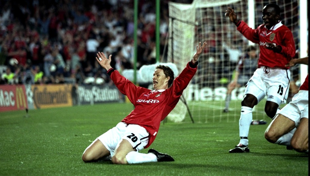 Ole Gunnar Solskjaer celebrates his winner in the 1999 Champions League final.