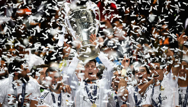Cristiano Ronaldo of Real Madrid lifts the Champions league trophy