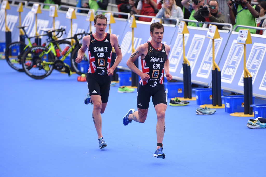 LEEDS, ENGLAND - JUNE 11 : Alistair Brownlee and Jonathan Brownlee of Great Brittian compete in the elites men's race during the Columbia Threadneedle World Triathlon on June 11, 2017 in Leeds, England. (Photo by Nathan Stirk/Getty Images)