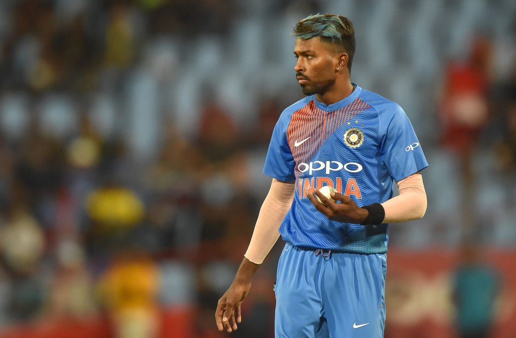 India's Hardik Pandya looks on as he prepares to bowl during the second T20I cricket match between South Africa and India at Super Sport Park Stadium in Pretoria on February 21, 2018. / AFP PHOTO / Christiaan Kotze (Photo credit should read CHRISTIAAN KOTZE/AFP/Getty Images)