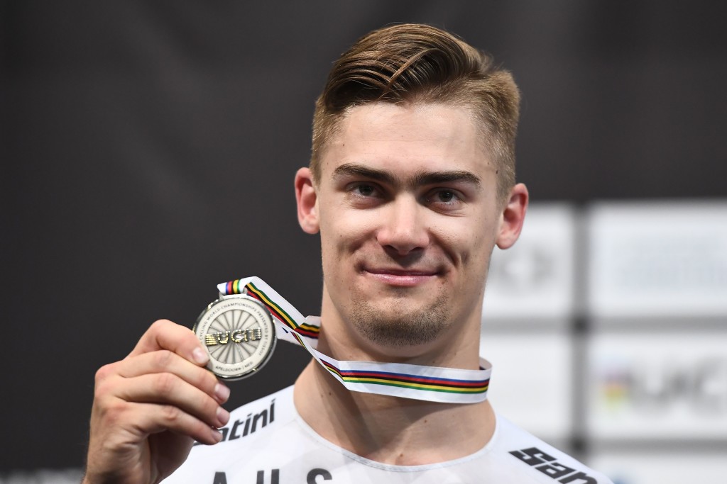 Silver medallist Australia's Matthew Glaetzer poses on the podium after taking part in the men's one kilometre time trial final during the UCI Track Cycling World Championships in Apeldoorn on March 4, 2018. / AFP PHOTO / EMMANUEL DUNAND (Photo credit should read EMMANUEL DUNAND/AFP/Getty Images)