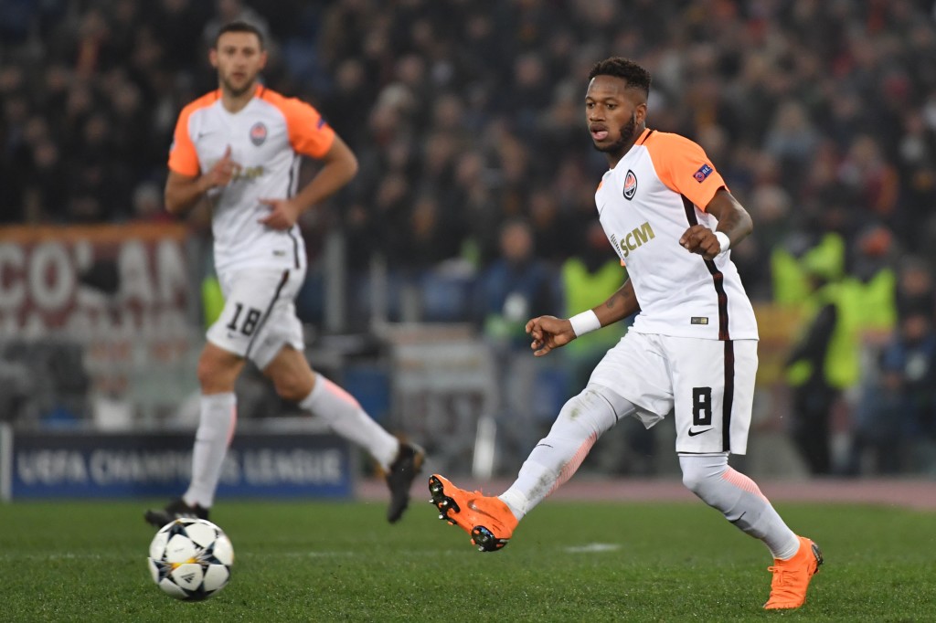 Shakhtar Donetsk's Brazilian midfielder Fred kicks the ball during the UEFA Champions League round of 16 second leg football match AS Roma vs Shakhtar Donetsk on March 13, 2018 at the Olympic stadium in Rome. / AFP PHOTO / Andreas SOLARO (Photo credit should read ANDREAS SOLARO/AFP/Getty Images)