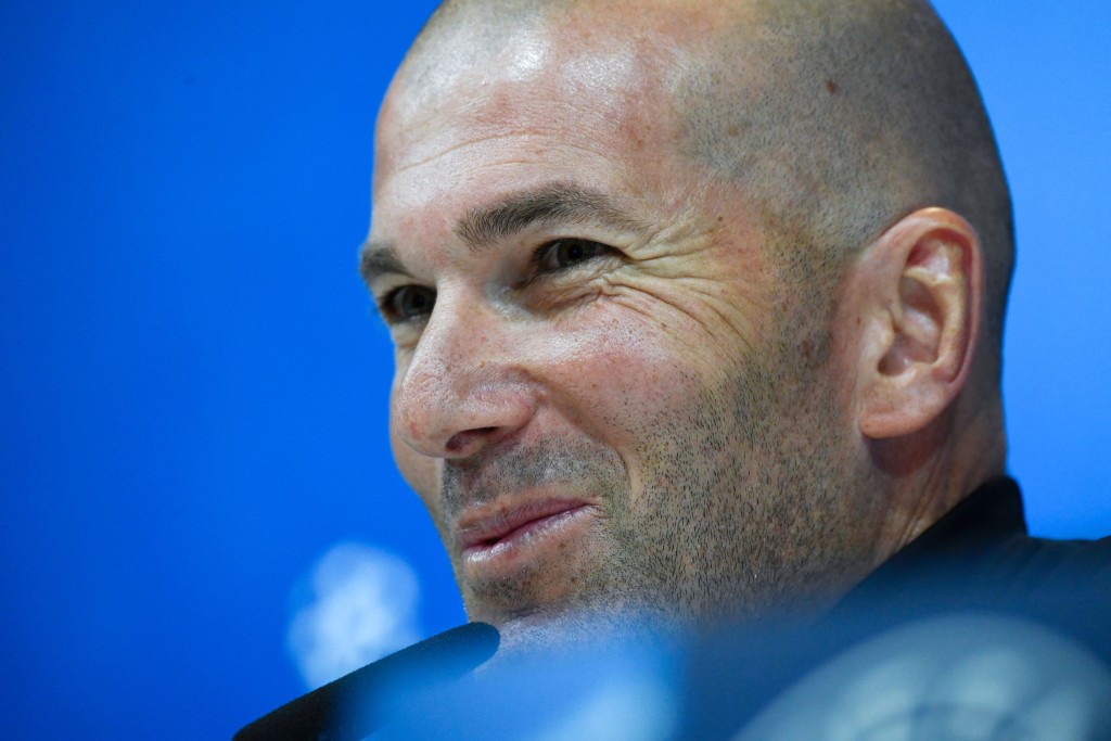 Real Madrid's French coach Zinedine Zidane holds a press conference at the Valdebebas training ground in Madrid on April 30, 2018 on the eve of the UEFA Champions League semi-final second-leg football match between Real Madrid and Bayern Munich. (Photo by GABRIEL BOUYS / AFP) (Photo credit should read GABRIEL BOUYS/AFP/Getty Images)