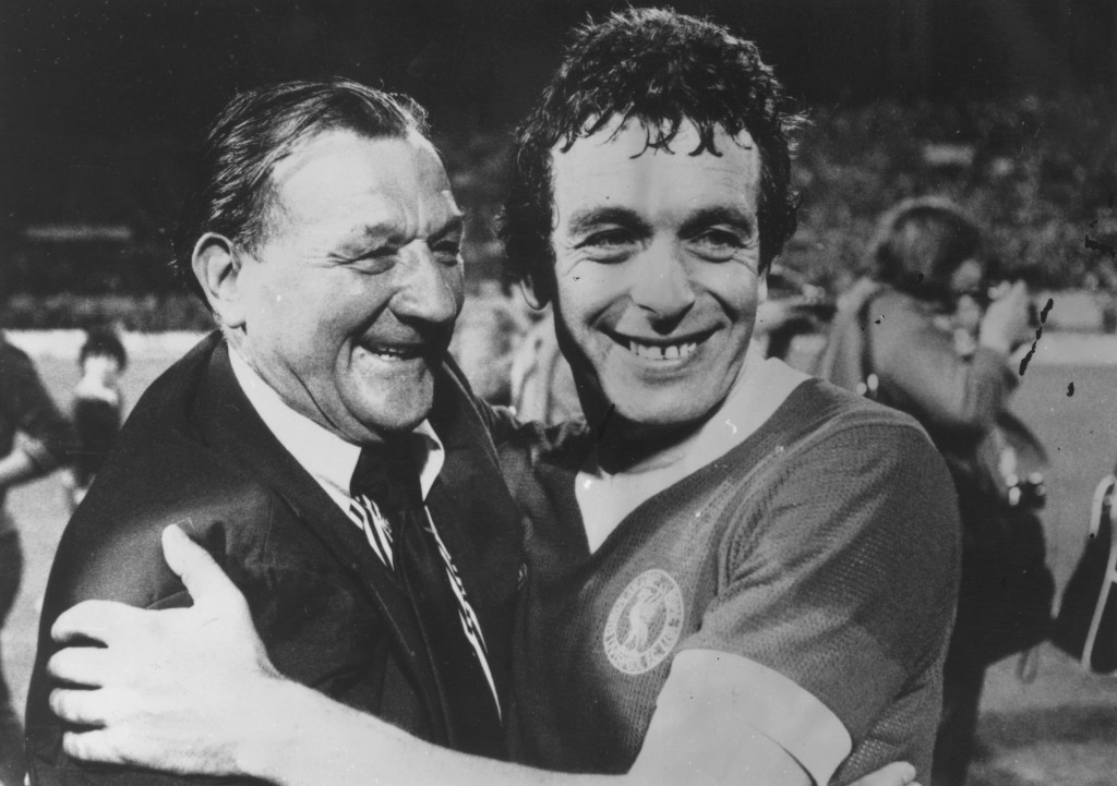 27th May 1977: Liverpool football club manager, Bob Paisley embraces player Ian Callaghan after the final of the European Cup in which Liverpool beat Borussia Monchengladbach by 3 goals to 1 in Rome. (Photo by Central Press/Getty Images)