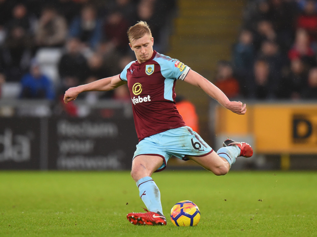SWANSEA, WALES - FEBRUARY 10: Ben Mee of Burnley during the Premier League match between Swansea City and Burnley at Liberty Stadium on February 10, 2018 in Swansea, Wales. (Photo by Tony Marshall/Getty Images)