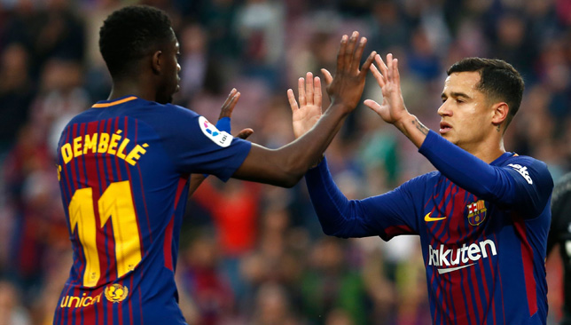 Ousmane Dembele and Philippe Coutinho celebrate Barcelona's opener