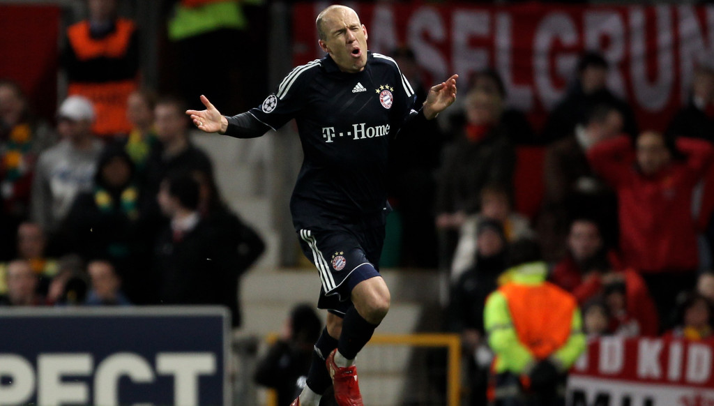 Arjen Robben admires his strike that sent United out.