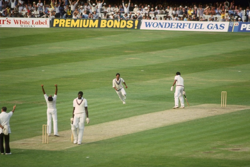 Kapil Dev celebrated the wicket of Andy Roberts in the final.