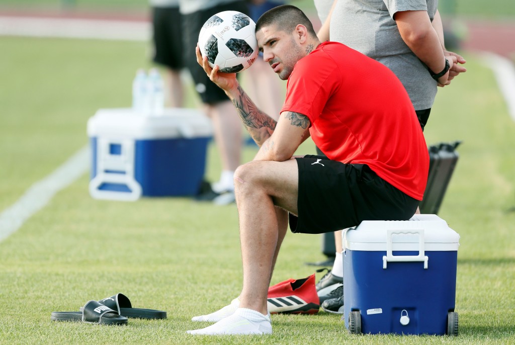 Serbia's Aleksandar Mitrovic attends a training session on May 28, 2018, in Stara Pazova, ahead of the FIFA World Cup 2018 in Russia. (Photo by Pedja MILOSAVLJEVIC / AFP) (Photo credit should read PEDJA MILOSAVLJEVIC/AFP/Getty Images)