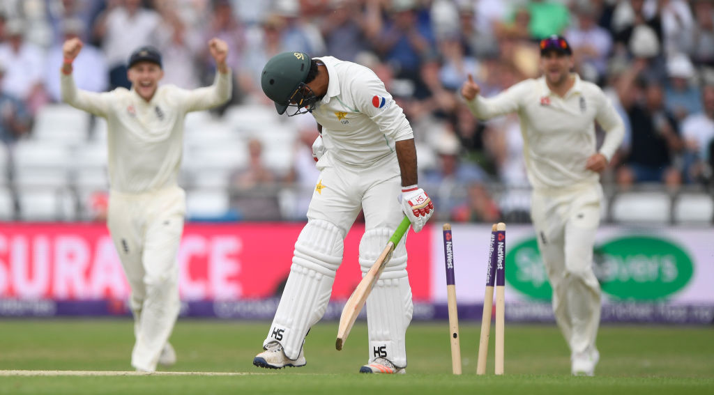 Safraz is bowled by James Anderson during the second Test.