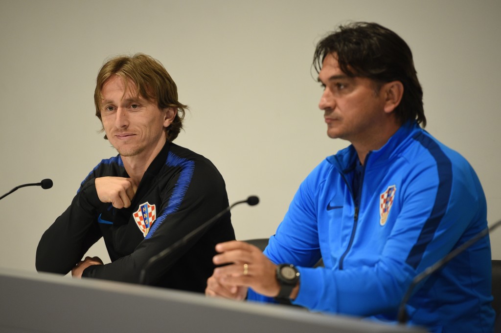 Croatia's midfielder Luka Modric (L) and Croatia's manager Zlatko Dalic attends a press conference at Anfield stadium in Liverpool on June 2, 2018, ahead their International friendly football match against Brazil. (Photo by Oli SCARFF / AFP) (Photo credit should read OLI SCARFF/AFP/Getty Images)