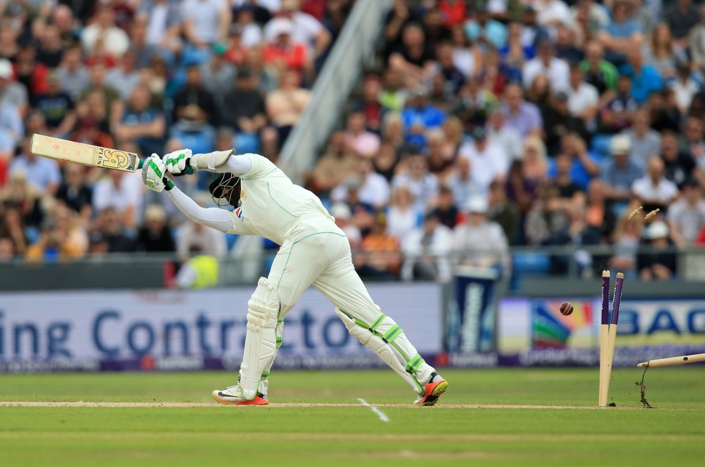 Pakistan's Azhar Ali is bowled by England's James Anderson for 11 on the third day of the second Test cricket match between England and Pakistan at Headingley cricket ground in Leeds, northern England on June 3, 2018. (Photo by Lindsey PARNABY / AFP) / RESTRICTED TO EDITORIAL USE. NO ASSOCIATION WITH DIRECT COMPETITOR OF SPONSOR, PARTNER, OR SUPPLIER OF THE ECB (Photo credit should read LINDSEY PARNABY/AFP/Getty Images)