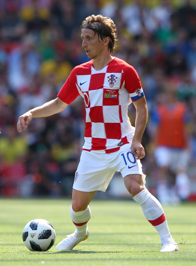 LIVERPOOL, ENGLAND - JUNE 03: Luke Modric of Croatia controls the ball during the International Friendly match between Croatia and Brazil at Anfield on June 3, 2018 in Liverpool, England. (Photo by Alex Livesey/Getty Images)