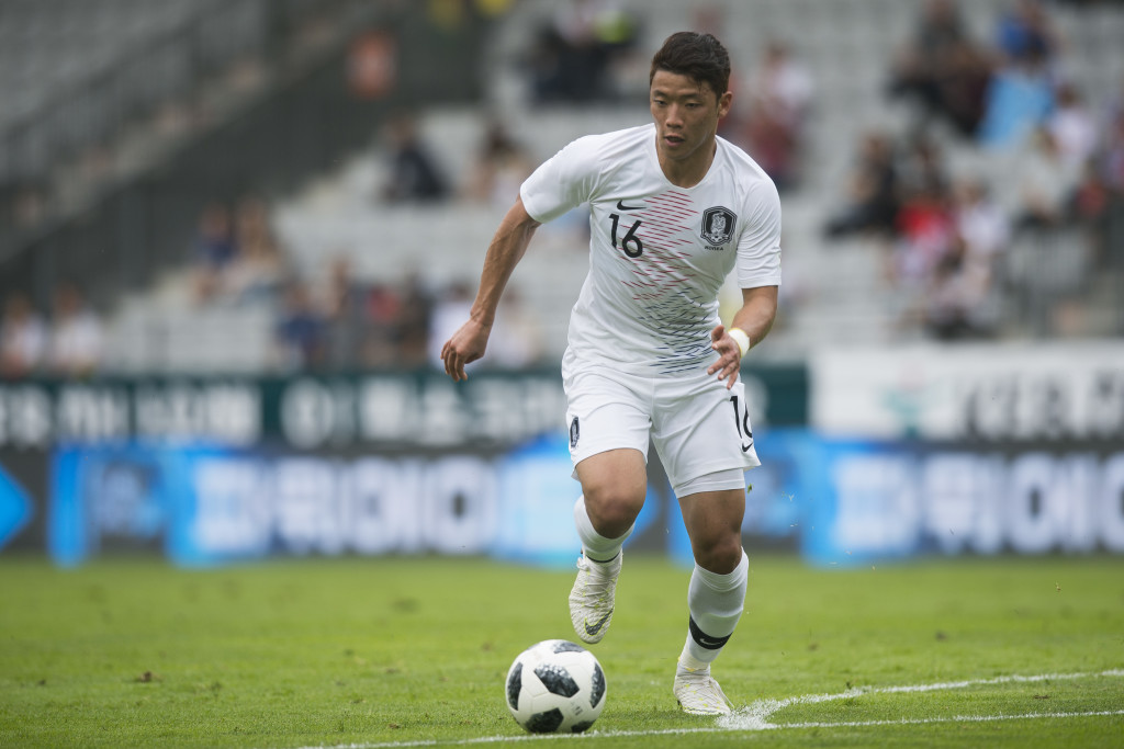 South Korea's forward Hwang Hee-chan plays a ball during the international friendly football match between South Korea and Bolivia at Tivoli stadium in Innsbruck, Austria on June 07, 2018. (Photo by VLADIMIR SIMICEK / AFP) (Photo credit should read VLADIMIR SIMICEK/AFP/Getty Images)