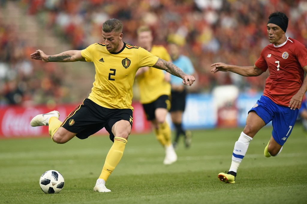 Belgium's defender Toby Alderweireld (L) controls the ball during the international friendly football match between Belgium and Costa Rica at the King Baudouin Stadium in Brussels on June 11, 2018. (Photo by JOHN THYS / AFP) (Photo credit should read JOHN THYS/AFP/Getty Images)