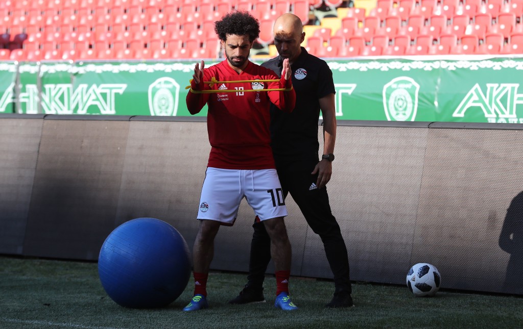 Egypt's forward Mohamed Salah (L) attends a training session at the Akhmat Arena stadium in Grozny on June 12, 2018, ahead of the Russia 2018 World Cup football tournament. (Photo by KARIM JAAFAR / AFP) (Photo credit should read KARIM JAAFAR/AFP/Getty Images)