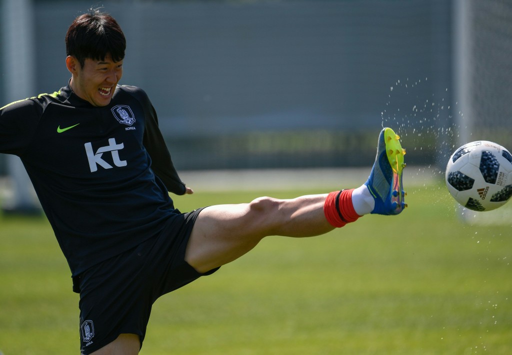 TOPSHOT - South Korea's forward Son Heung-min takes part in a training session at Saint Petersburg's Spartak Lomonosov Stadium on June 16, 2018, during the Russia 2018 World Cup football tournament. (Photo by Christophe SIMON / AFP) (Photo credit should read CHRISTOPHE SIMON/AFP/Getty Images)