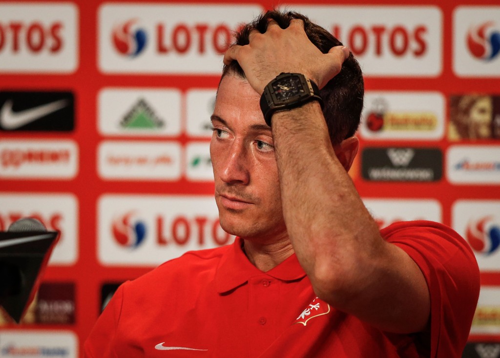 Poland's forward Robert Lewandowski reacts during a press conference at the Sputnik Sports Ground in Sochi on June 25, 2018 at the Russia 2018 FIFA World Cup football tournament. (Photo by Adrian DENNIS / AFP) (Photo credit should read ADRIAN DENNIS/AFP/Getty Images)