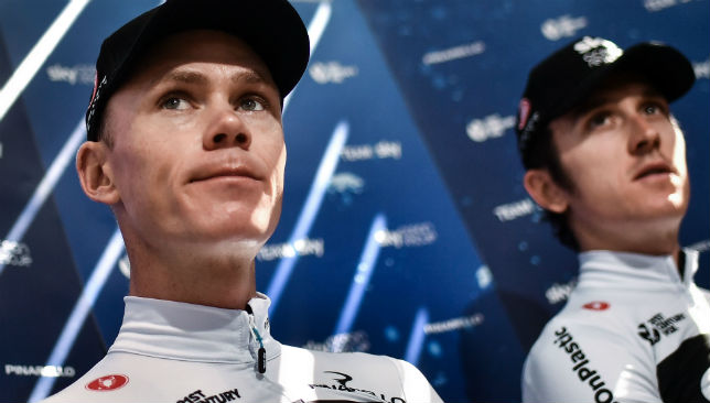 Christopher Froome (L) and the race's overall leader, Great Britain's Geraint Thomas