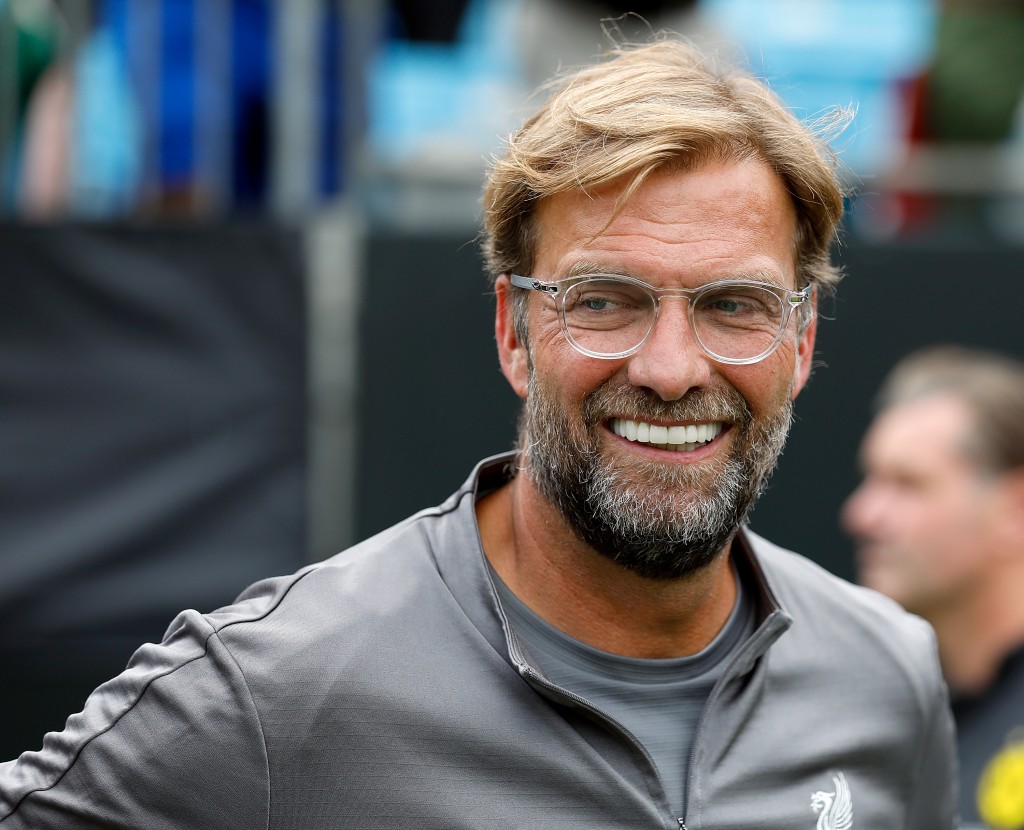 CHARLOTTE, NC - JULY 22: Jurgen Klopp Liverpool coach on the sidelines against Borussia Dortmund during an International Champions Cup match at Bank of America Stadium on July 22, 2018 in Charlotte, North Carolina. (Photo by Bob Leverone/Getty Images)