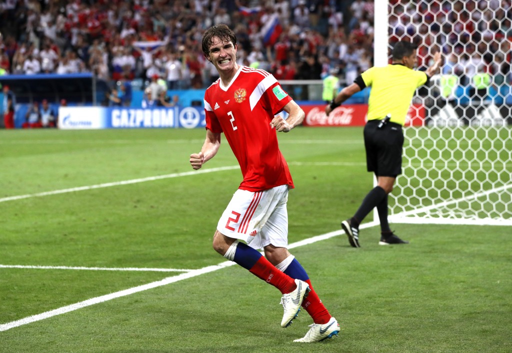 SOCHI, RUSSIA - JULY 07: Mario Fernandes of Russia celebrates after scoring his team's second goal during the 2018 FIFA World Cup Russia Quarter Final match between Russia and Croatia at Fisht Stadium on July 7, 2018 in Sochi, Russia. (Photo by Kevin C. Cox/Getty Images)